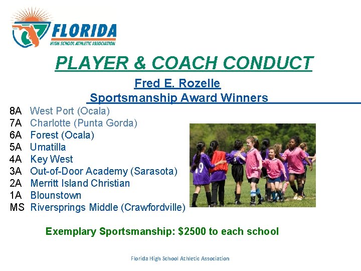 PLAYER & COACH CONDUCT Fred E. Rozelle Sportsmanship Award Winners 8 A 7 A