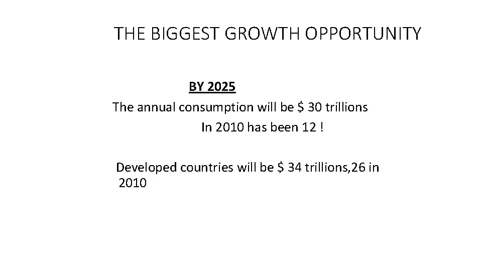 THE BIGGEST GROWTH OPPORTUNITY BY 2025 The annual consumption will be $ 30 trillions