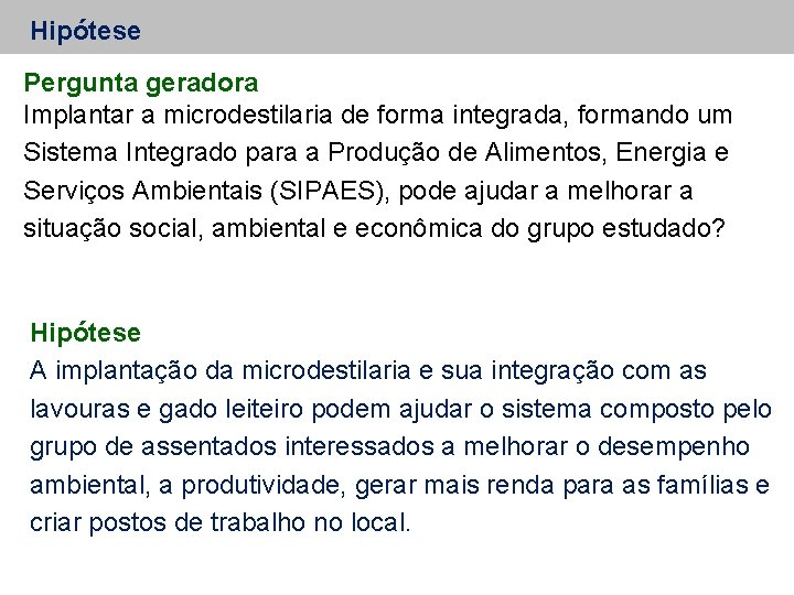 Hipótese Pergunta geradora Implantar a microdestilaria de forma integrada, formando um Sistema Integrado para