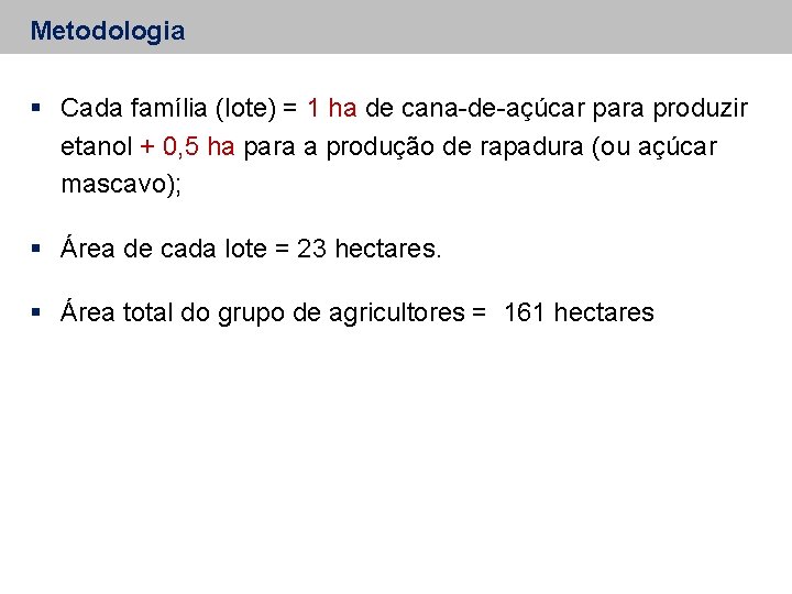 Metodologia Cada família (lote) = 1 ha de cana-de-açúcar para produzir etanol + 0,
