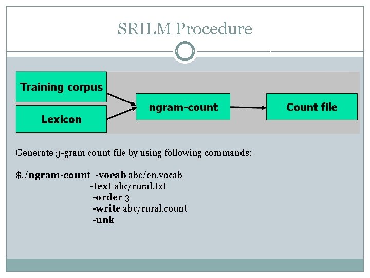 SRILM Procedure Generate 3 -gram count file by using following commands: $. /ngram-count -vocab