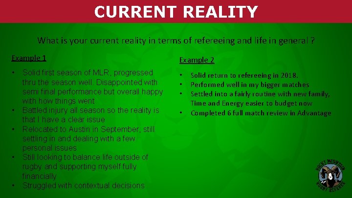 CURRENT REALITY What is your current reality in terms of refereeing and life in