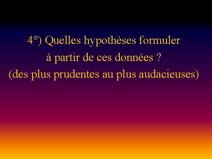 4°) Quelles hypothèses formuler à partir de ces données ? (des plus prudentes au