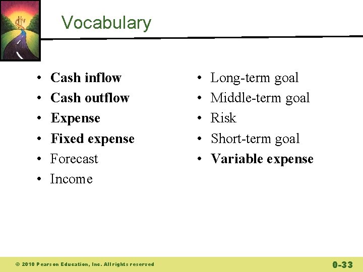 Vocabulary • • • Cash inflow Cash outflow Expense Fixed expense Forecast Income ©