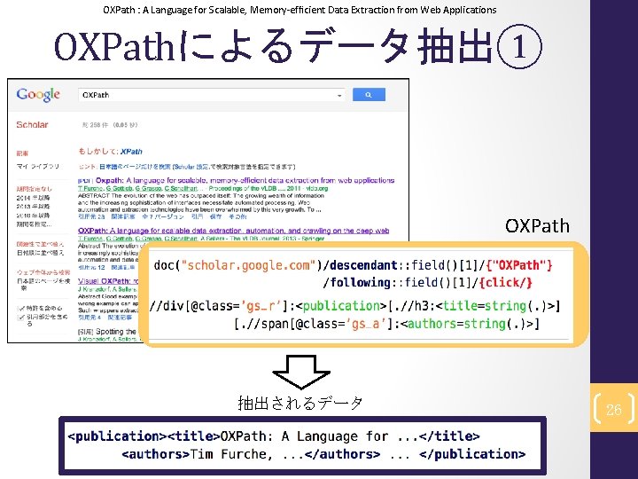 OXPath : A Language for Scalable, Memory-efﬁcient Data Extraction from Web Applications OXPathによるデータ抽出① OXPath