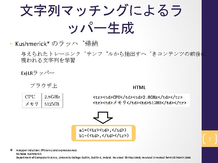 文字列マッチングによるラ ッパー生成 • Kushmerick* のラッハ ー 帰納 　 与えられたトレーニンク サンフ ルから抽出すへ きコンテンツの前後に 現われる文字列を学習 　