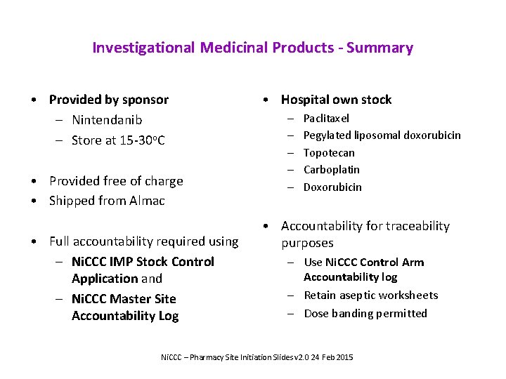 Investigational Medicinal Products - Summary • Provided by sponsor – Nintendanib – Store at