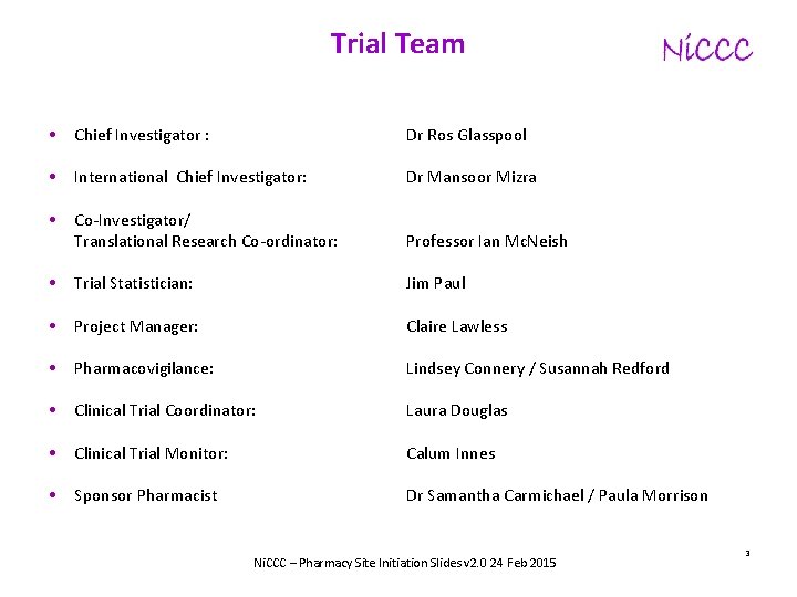 Trial Team • Chief Investigator : Dr Ros Glasspool • International Chief Investigator: Dr