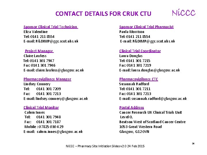 CONTACT DETAILS FOR CRUK CTU Sponsor Clinical Trial Technician Eliza Valentine Tel: 0141 211