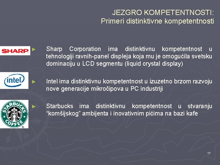 JEZGRO KOMPETENTNOSTI: Primeri distinktivne kompetentnosti ► Sharp Corporation ima distinktivnu kompetentnost u tehnologiji ravnih-panel