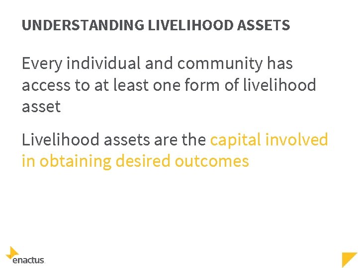 UNDERSTANDING LIVELIHOOD ASSETS Every individual and community has access to at least one form