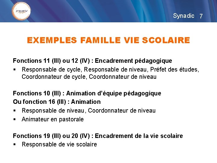 Synadic 7 EXEMPLES FAMILLE VIE SCOLAIRE Fonctions 11 (III) ou 12 (IV) : Encadrement