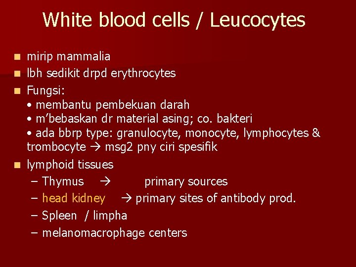 White blood cells / Leucocytes mirip mammalia n lbh sedikit drpd erythrocytes n Fungsi: