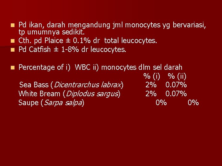 Pd ikan, darah mengandung jml monocytes yg bervariasi, tp umumnya sedikit. n Cth. pd