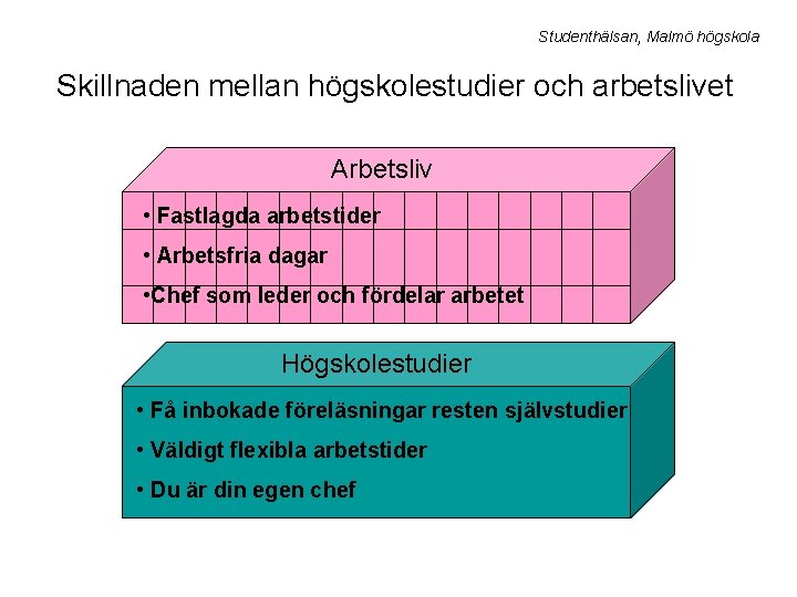 Studenthälsan, Malmö högskola Skillnaden mellan högskolestudier och arbetslivet Arbetsliv • Fastlagda arbetstider • Arbetsfria