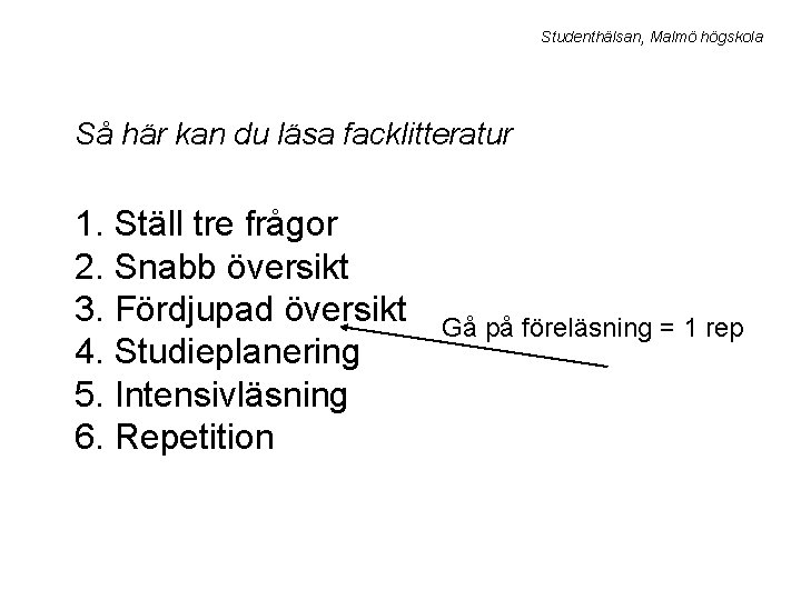 Studenthälsan, Malmö högskola Så här kan du läsa facklitteratur 1. Ställ tre frågor 2.