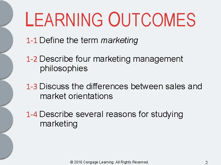 LEARNING OUTCOMES 1 -1 Define the term marketing 1 -2 Describe four marketing management