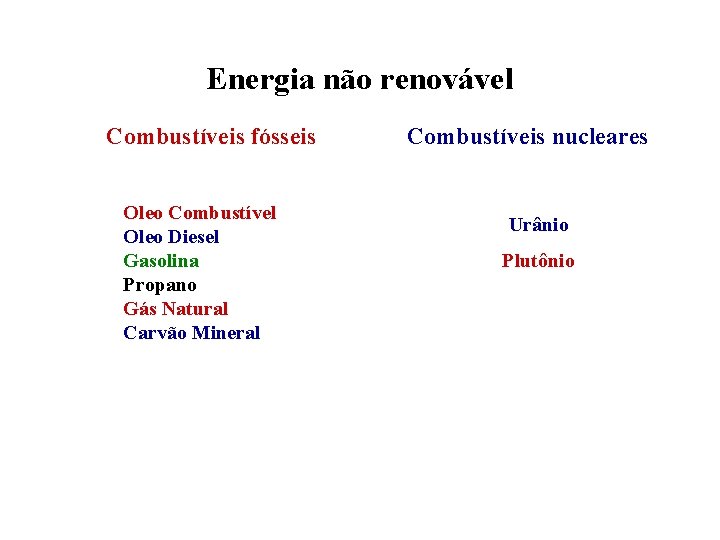 Energia não renovável Combustíveis fósseis Oleo Combustível Oleo Diesel Gasolina Propano Gás Natural Carvão