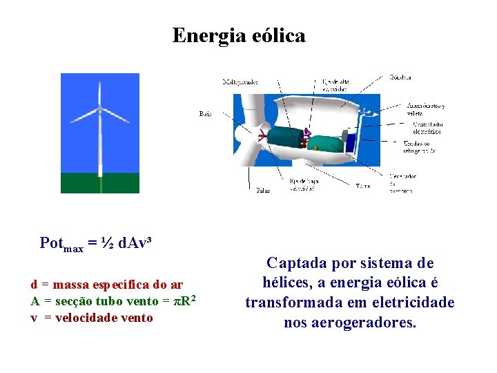 Energia eólica Potmax = ½ d. Av³ d = massa específica do ar A