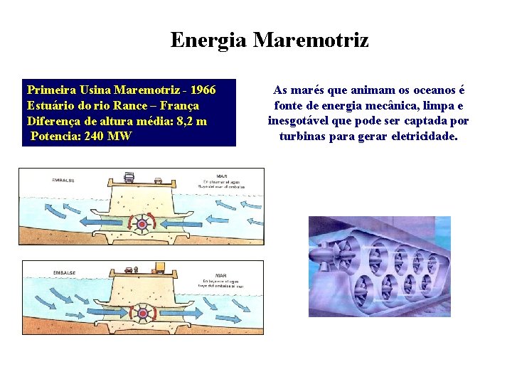 Energia Maremotriz Primeira Usina Maremotriz - 1966 Estuário do rio Rance – França Diferença