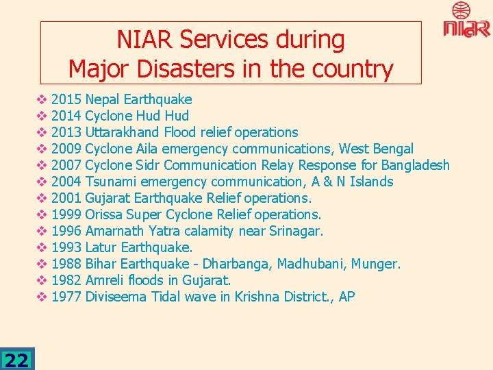 NIAR Services during Major Disasters in the country v 2015 v 2014 v 2013