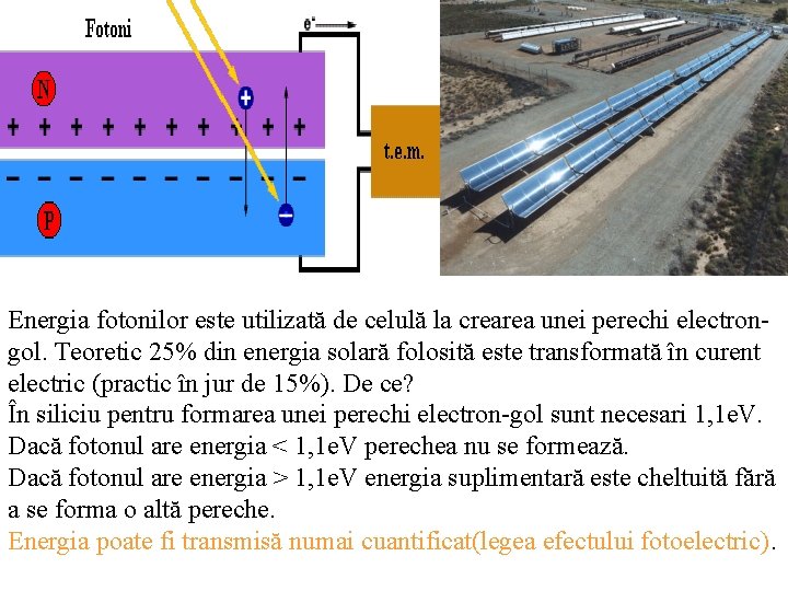 Energia fotonilor este utilizată de celulă la crearea unei perechi electrongol. Teoretic 25% din Energia fotonilor este utilizată de celulă la crearea unei perechi electrongol. Teoretic 25% din