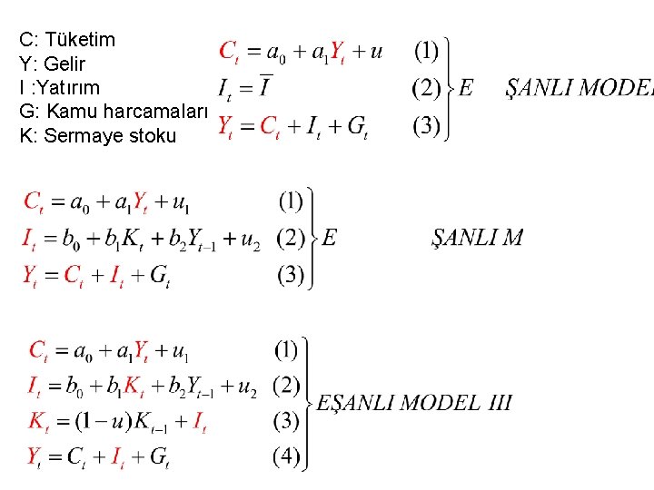 C: Tüketim Y: Gelir I : Yatırım G: Kamu harcamaları K: Sermaye stoku 