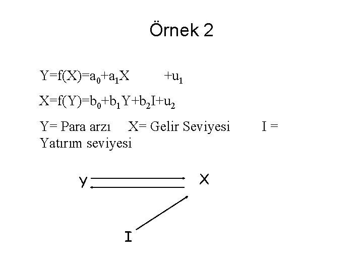 Örnek 2 Y=f(X)=a 0+a 1 X +u 1 X=f(Y)=b 0+b 1 Y+b 2 I+u