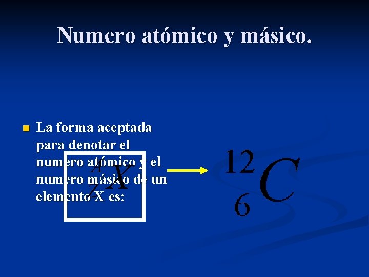 Numero atómico y másico. n La forma aceptada para denotar el numero atómico y