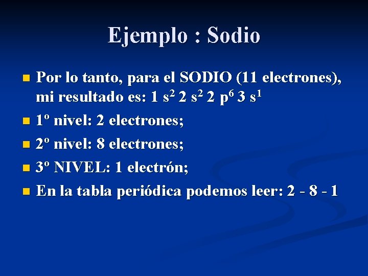 Ejemplo : Sodio Por lo tanto, para el SODIO (11 electrones), mi resultado es: