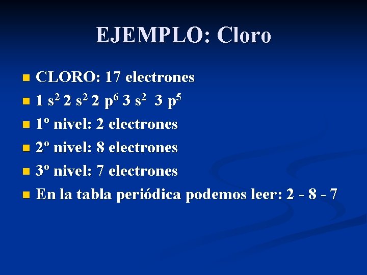EJEMPLO: Cloro CLORO: 17 electrones n 1 s 2 2 p 6 3 s