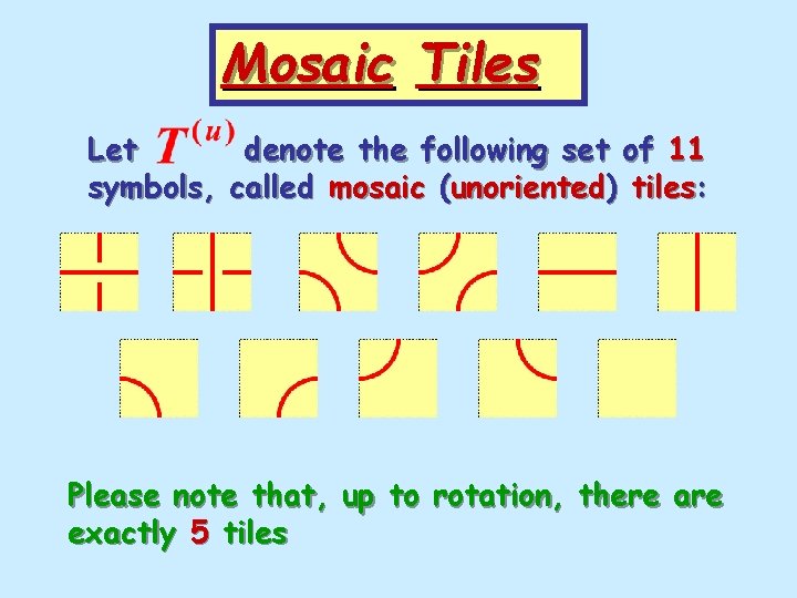 Mosaic Tiles Let denote the following set of 11 symbols, called mosaic (unoriented) tiles: