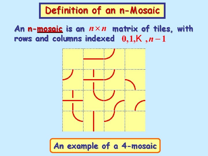 Definition of an n-Mosaic An n-mosaic is an matrix of tiles, with rows and