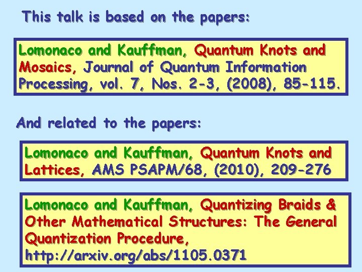 This talk is based on the papers: Lomonaco and Kauffman, Quantum Knots and Mosaics,