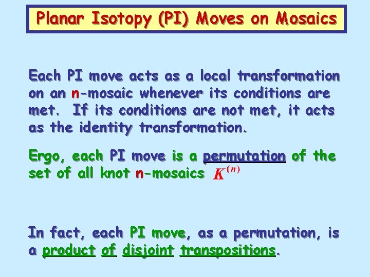 Planar Isotopy (PI) Moves on Mosaics Each PI move acts as a local transformation