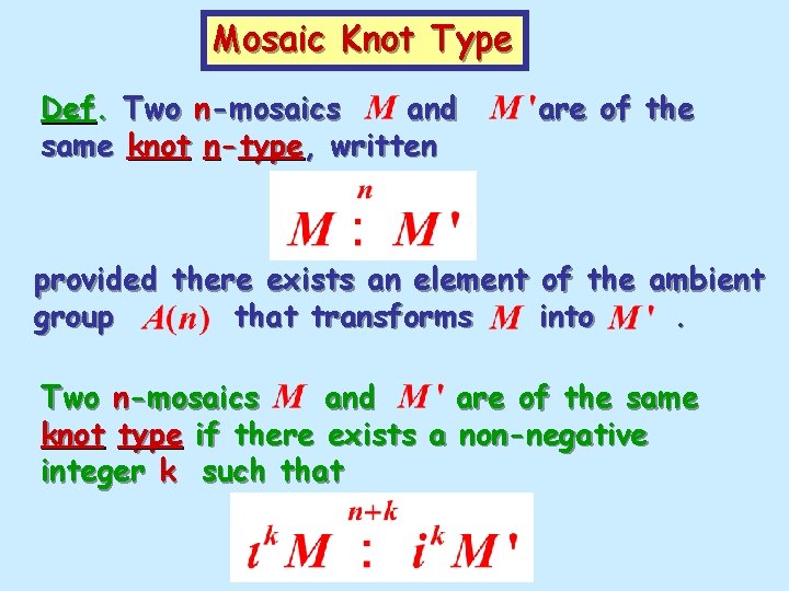 Mosaic Knot Type Def. Two n-mosaics and same knot n-type, written are of the