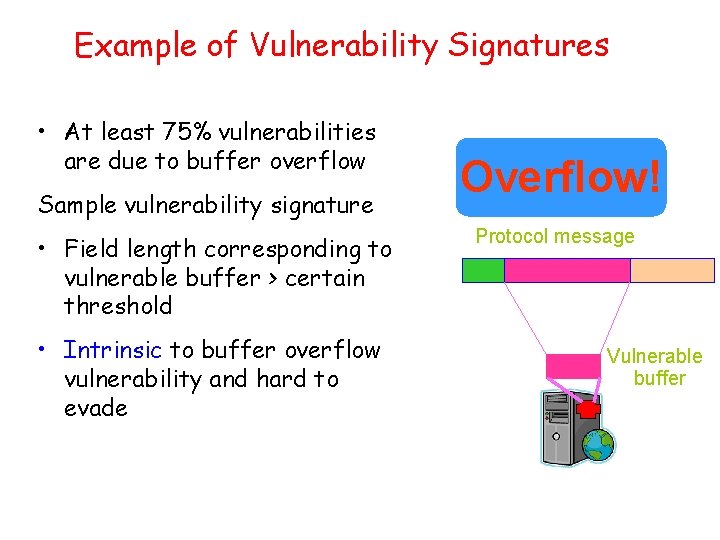 Example of Vulnerability Signatures • At least 75% vulnerabilities are due to buffer overflow