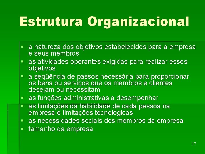 Estrutura Organizacional § a natureza dos objetivos estabelecidos para a empresa e seus membros