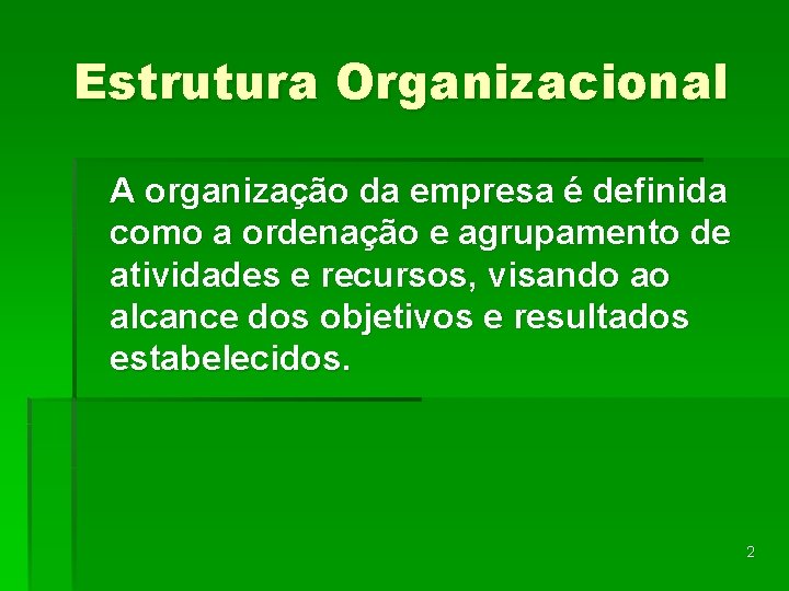 Estrutura Organizacional A organização da empresa é definida como a ordenação e agrupamento de