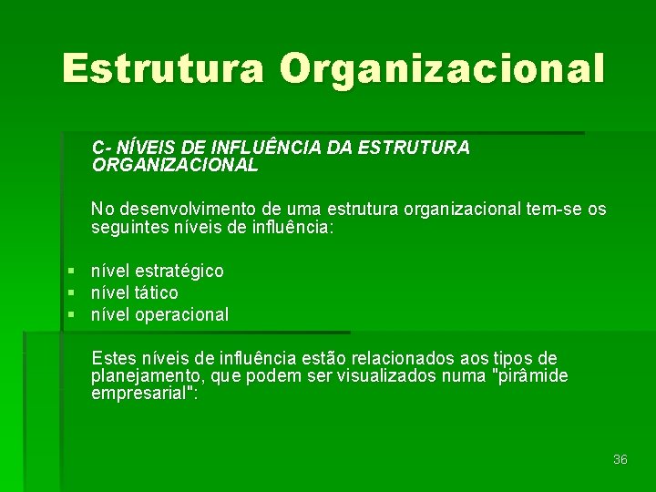 Estrutura Organizacional C- NÍVEIS DE INFLUÊNCIA DA ESTRUTURA ORGANIZACIONAL No desenvolvimento de uma estrutura