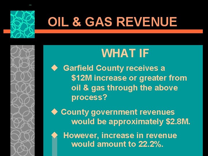 OIL & GAS REVENUE WHAT IF u Garfield County receives a $12 M increase