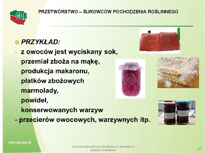 PRZETWÓRSTWO – ŚUROWCÓW POCHODZENIA ROŚLINNEGO CENTRUM DORADZTWA ROLNICZEGO W BRWINOWIE ODDZIAŁ W RADOMIU 20 PRZETWÓRSTWO – ŚUROWCÓW POCHODZENIA ROŚLINNEGO CENTRUM DORADZTWA ROLNICZEGO W BRWINOWIE ODDZIAŁ W RADOMIU 20