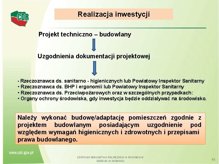 Realizacja inwestycji Projekt techniczno – budowlany Uzgodnienia dokumentacji projektowej • Rzeczoznawca ds. sanitarno - Realizacja inwestycji Projekt techniczno – budowlany Uzgodnienia dokumentacji projektowej • Rzeczoznawca ds. sanitarno -