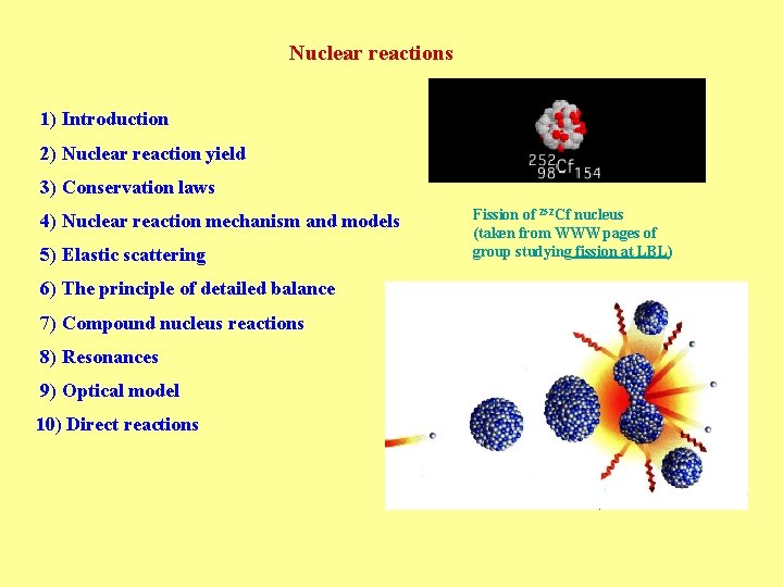 Nuclear reactions 1) Introduction 2) Nuclear reaction yield 3) Conservation laws 4) Nuclear reaction