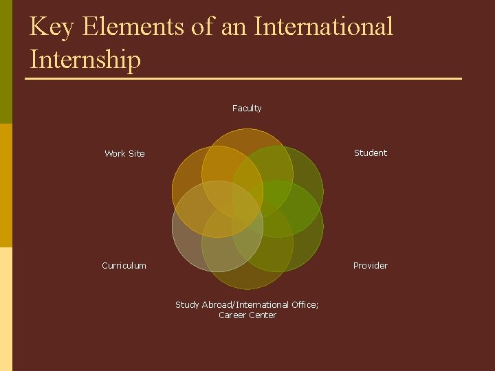 Key Elements of an International Internship Faculty Work Site Student Curriculum Provider Study Abroad/International