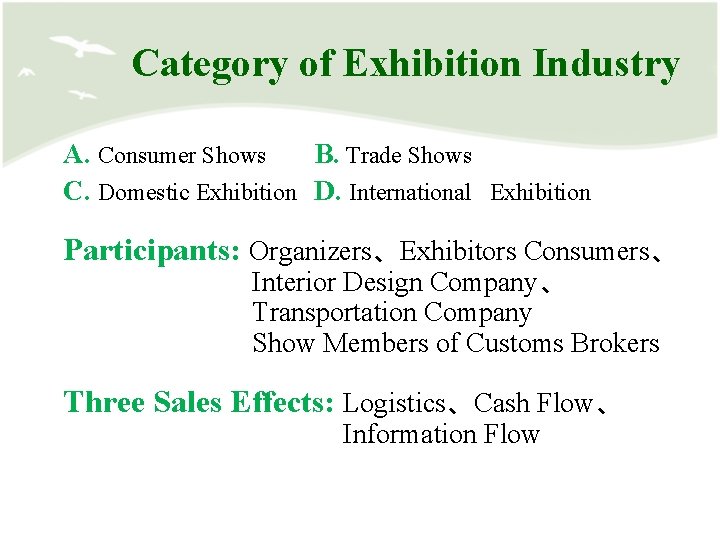 Category of Exhibition Industry A. Consumer Shows B. Trade Shows C. Domestic Exhibition D.