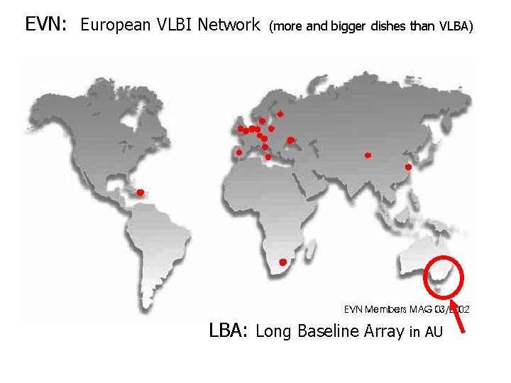 EVN: European VLBI Network (more and bigger dishes than VLBA) LBA: Long Baseline Array