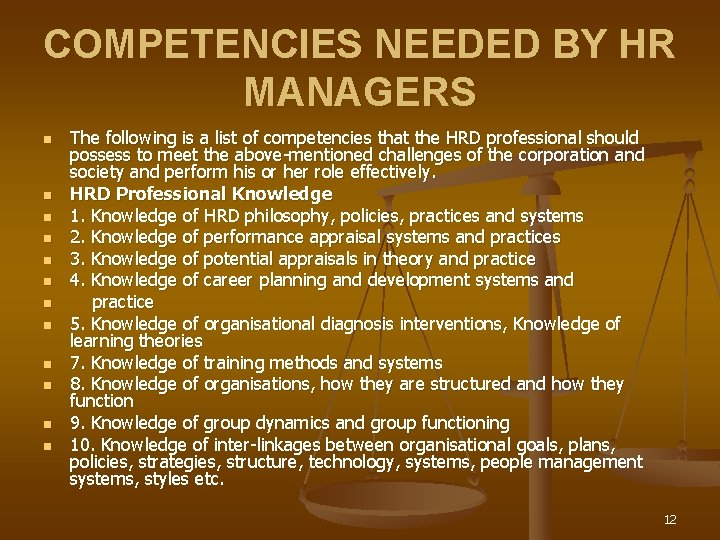 COMPETENCIES NEEDED BY HR MANAGERS n n n The following is a list of