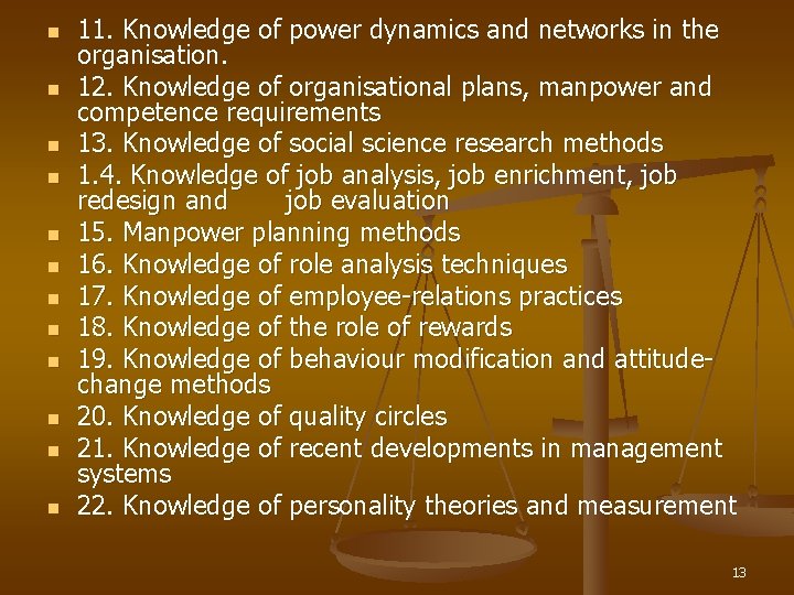 n n n 11. Knowledge of power dynamics and networks in the organisation. 12.