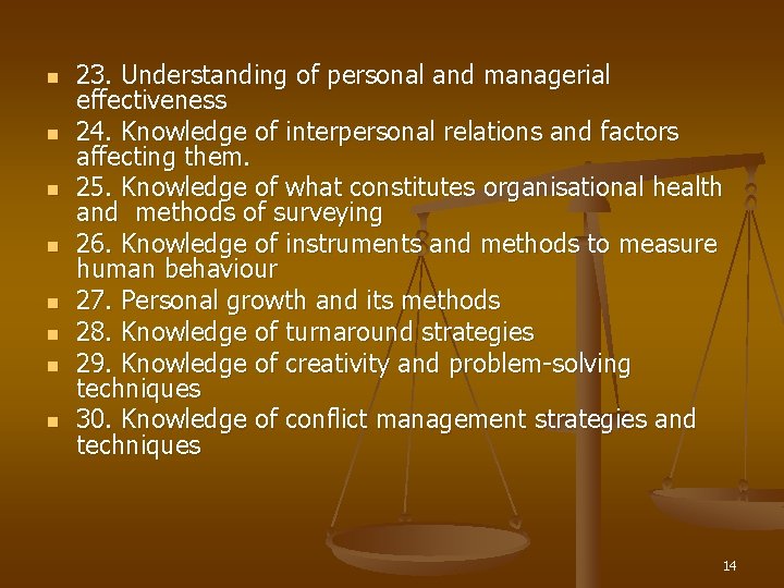 n n n n 23. Understanding of personal and managerial effectiveness 24. Knowledge of